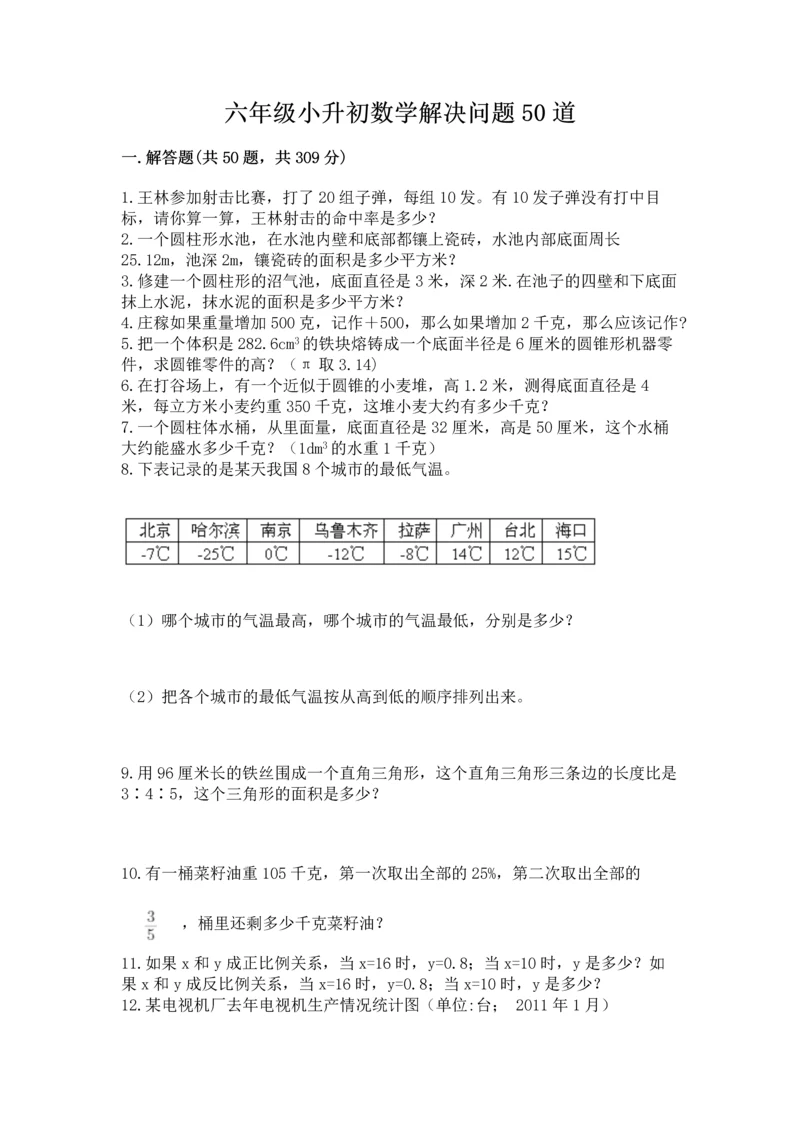 六年级小升初数学解决问题50道及一套参考答案.docx