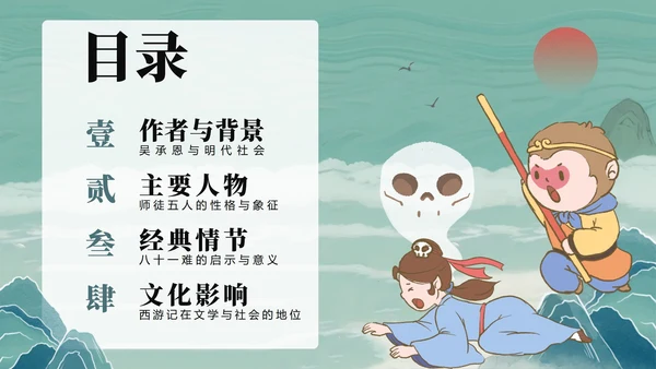 绿色清新插画手绘中国风西游记四大名著教学PPT模板