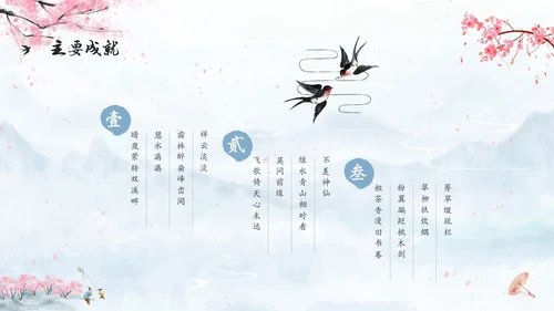 水彩水墨中国风扇子粉色花卉人物介绍通用PPT