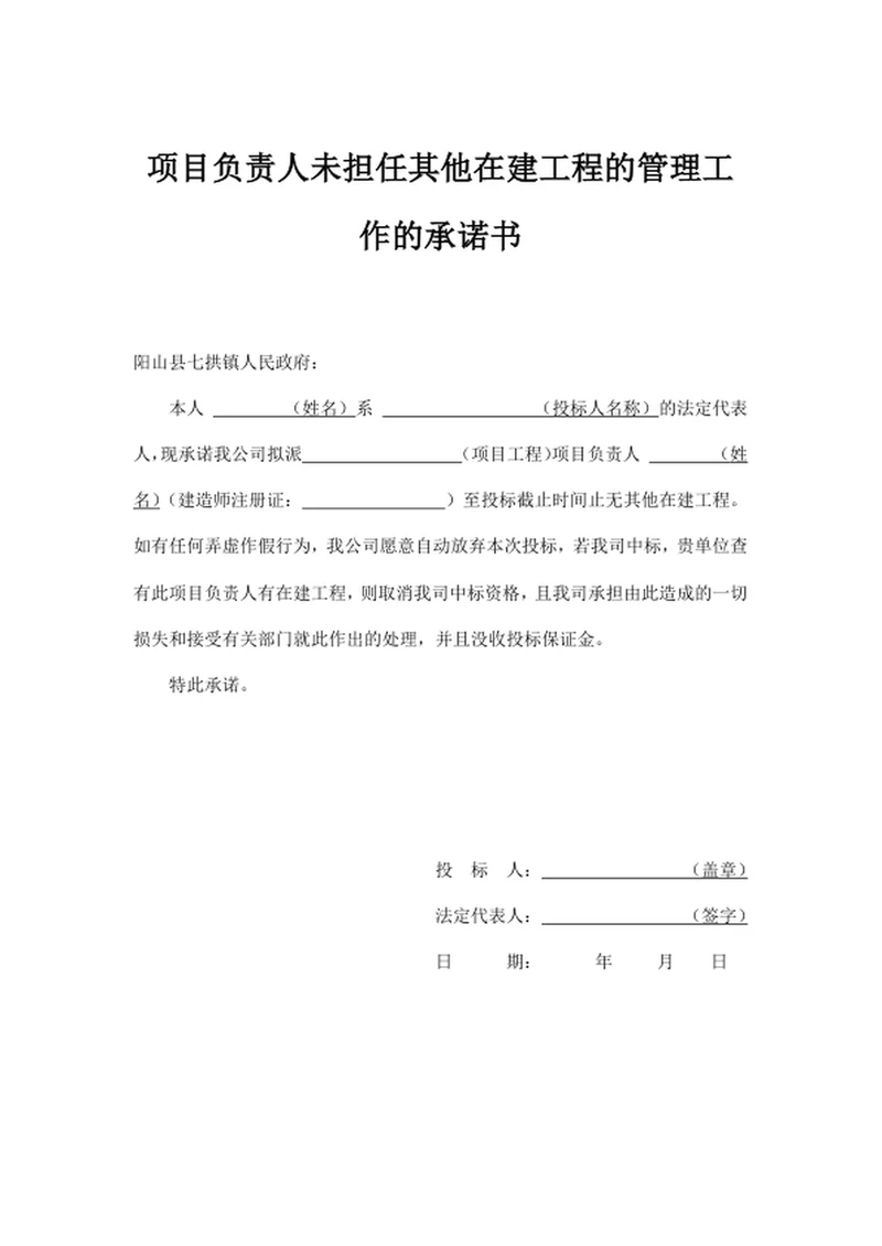 项目负责人未担任其他在建工程的管理工作的承诺书