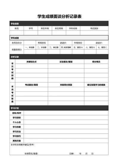 简约黑色学生成绩面谈分析记录表