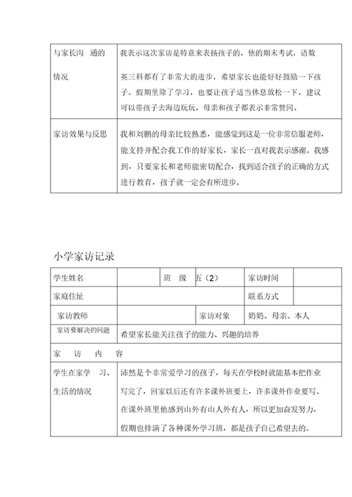 小学家访记录表格式
