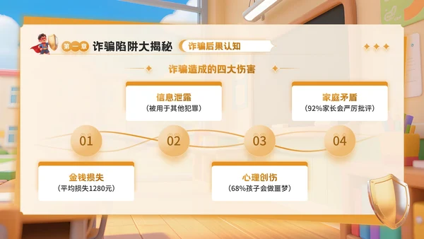 橙色3D卡通风反诈主题班会PPT模板