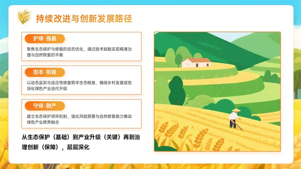 橙黄色插画风乡村绿色生态筑基振兴PPT主题模板