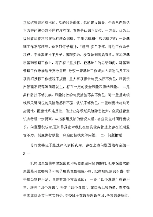 银行分行党委班子巡察整改专题民主生活对照检查材料