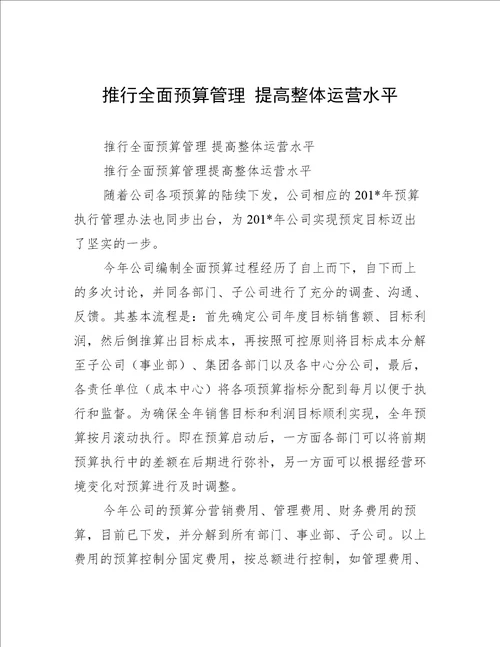 推行全面预算管理 提高整体运营水平