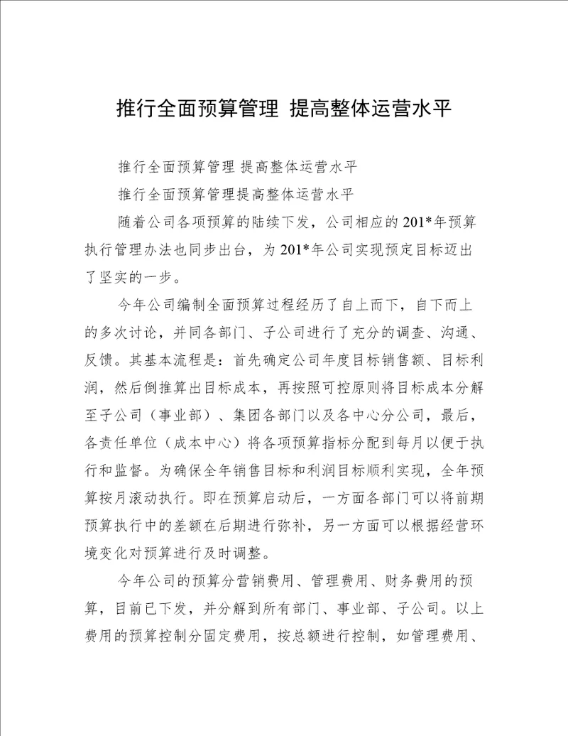 推行全面预算管理 提高整体运营水平