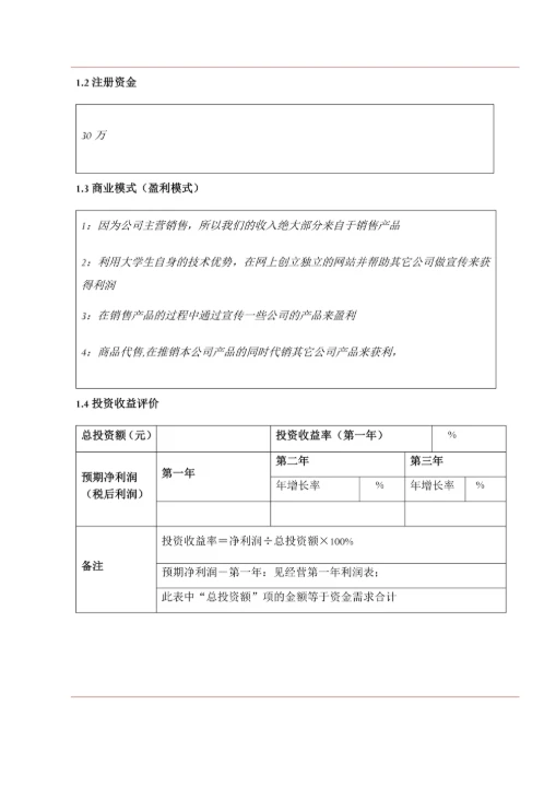 大学生商业创业计划书框架模板