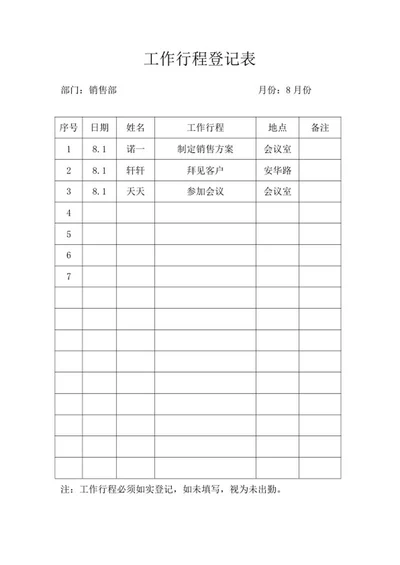 公司销售部工作行程登记表word模板