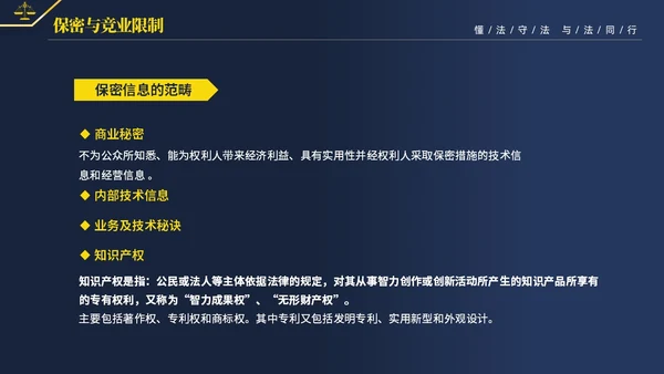 黄蓝双色简约商务大气知法懂法与法同行公司法律知识讲座宣传PP世界法律日