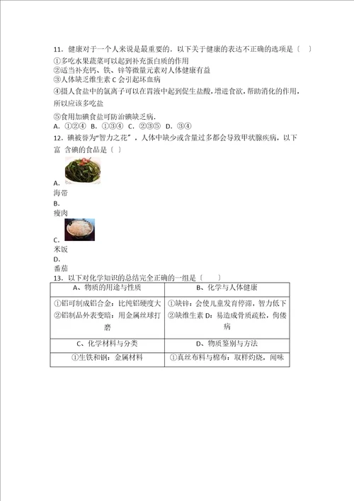 湘教版九年级化学专题九第二单元中档难度提升题word