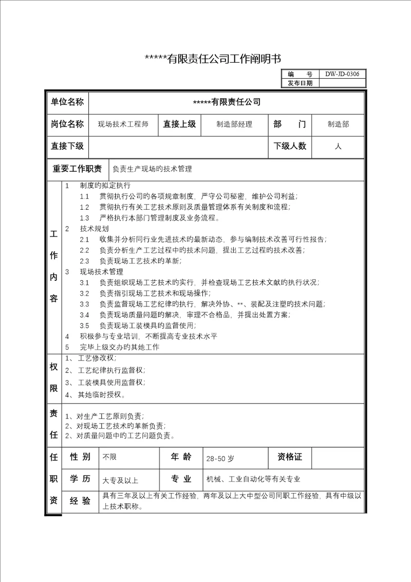 中型制造业现场重点技术关键工程师岗位专项说明书