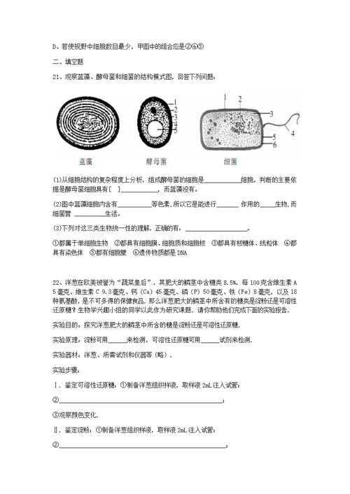合肥一中高一生物必修一第二章限时练
