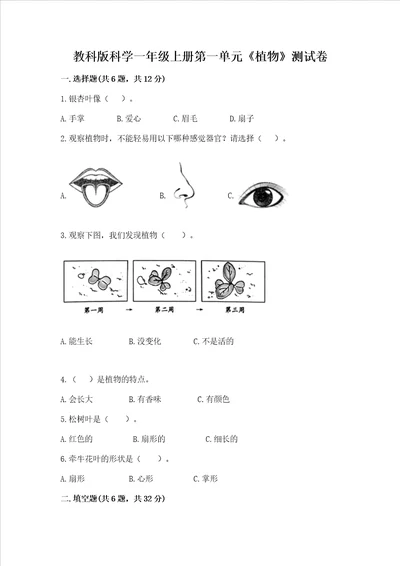 教科版科学一年级上册第一单元《植物》测试卷含答案（综合题）