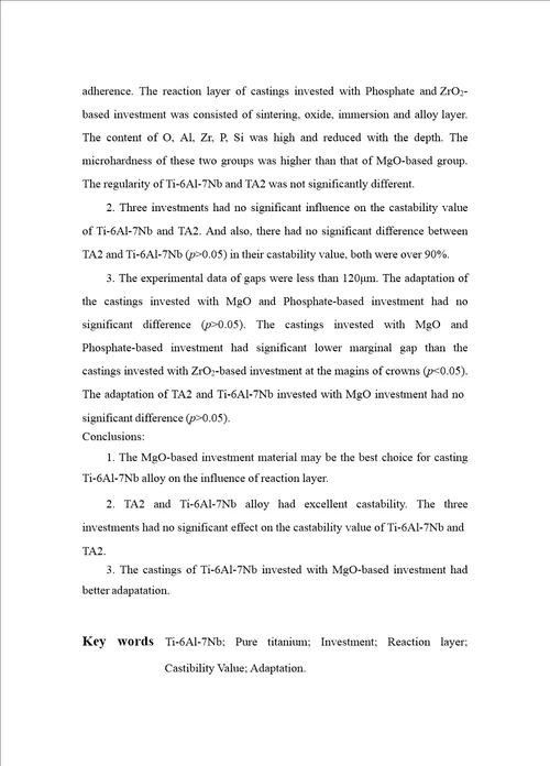 不同包埋材料对ti6al7nb合金铸造性能影响的实验研究