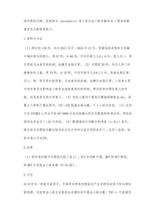 肺炎患儿血小板参数及D-二聚体变化的临床意义.docx