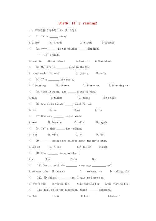七年级英语下册Unit6It’sraining测习题C卷，无解答人教新目标版