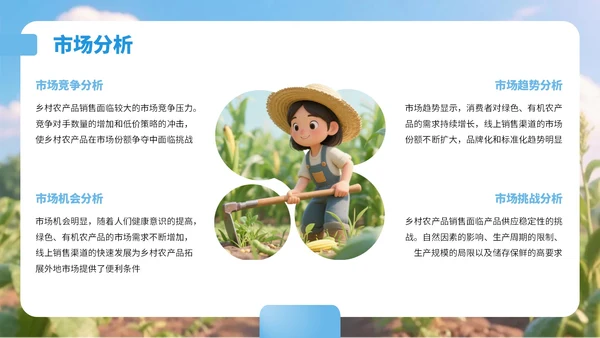 蓝色3D风乡村农产品销售总结PPT