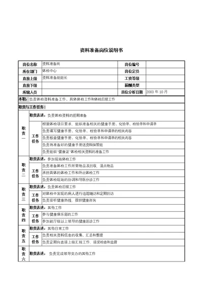 湖北新华医院体检中心资料准备岗位说明书[2页]