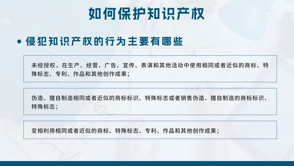 蓝色简约几何实景知识产权日主题教育带内容PPT模板