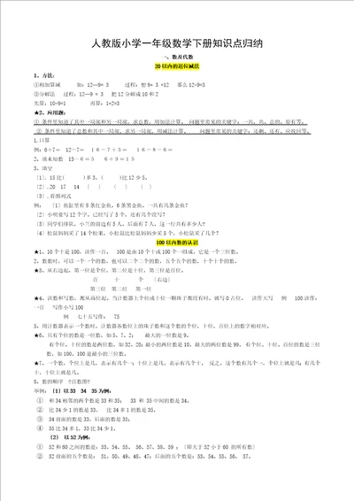 小学一年级数学下册知识点归纳预习a4打印版