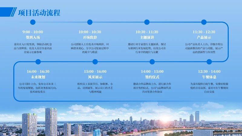蓝色商务风8项时间轴PPT单页