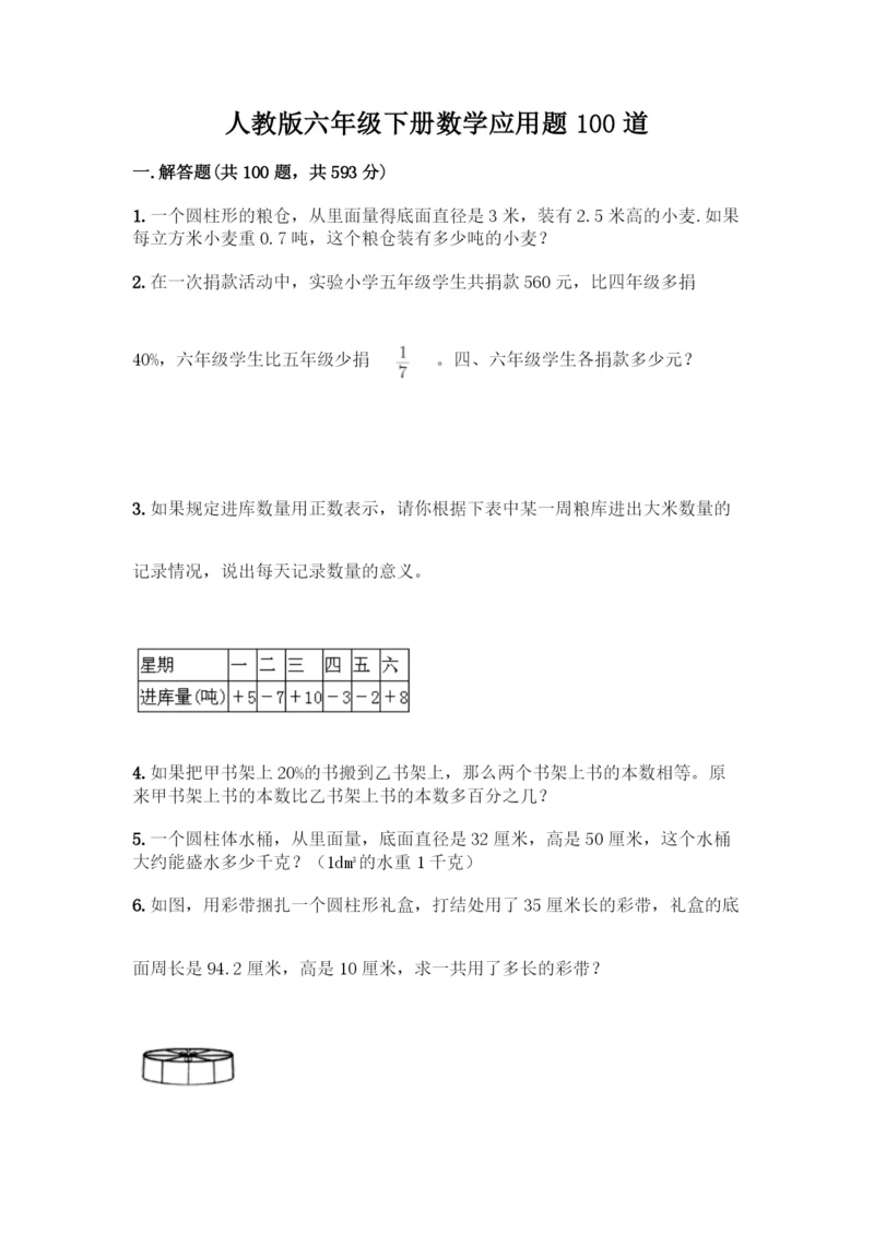 人教版六年级下册数学应用题100道附答案(完整版).docx