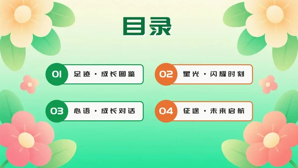 橙绿色卡通小清新花团锦簇期末班会PPT模板