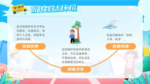 蓝色橙色卡通风校园文明礼仪先行校园不文明行为PPT模板