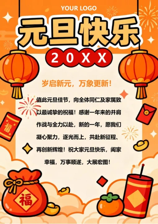 橙色手绘卡通风元旦节节日祝福海报