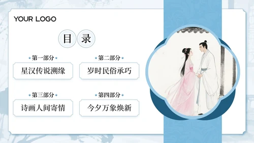 蓝色中国风古韵今风浪漫传承七夕文化知识讲座PPT模板