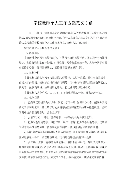 学校教师个人工作计划范文5篇