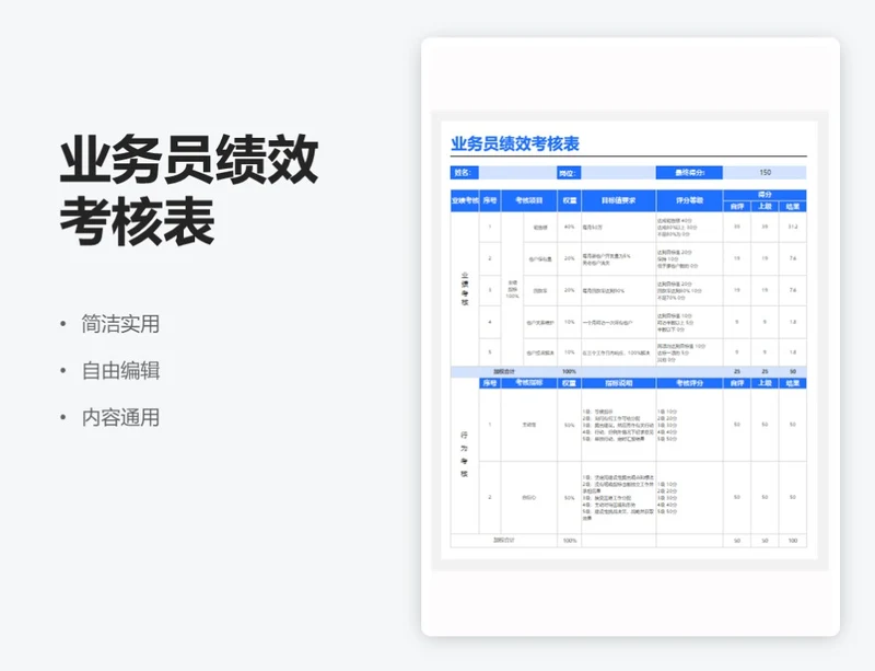 简约蓝色业务员绩效考核表