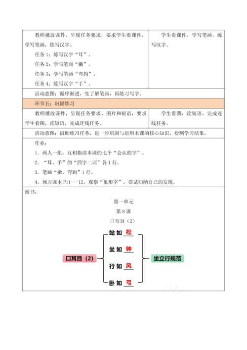 部编1A 第1单元 第8课 口耳目（2）教学设计