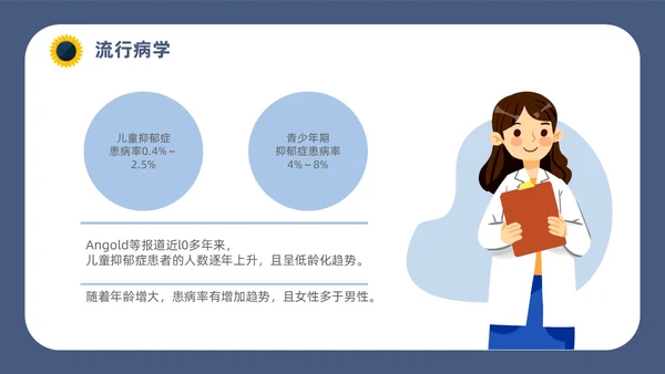 深蓝灰色简约插画扁平风青少年抑郁障碍及自杀防治动画PPT抑郁症