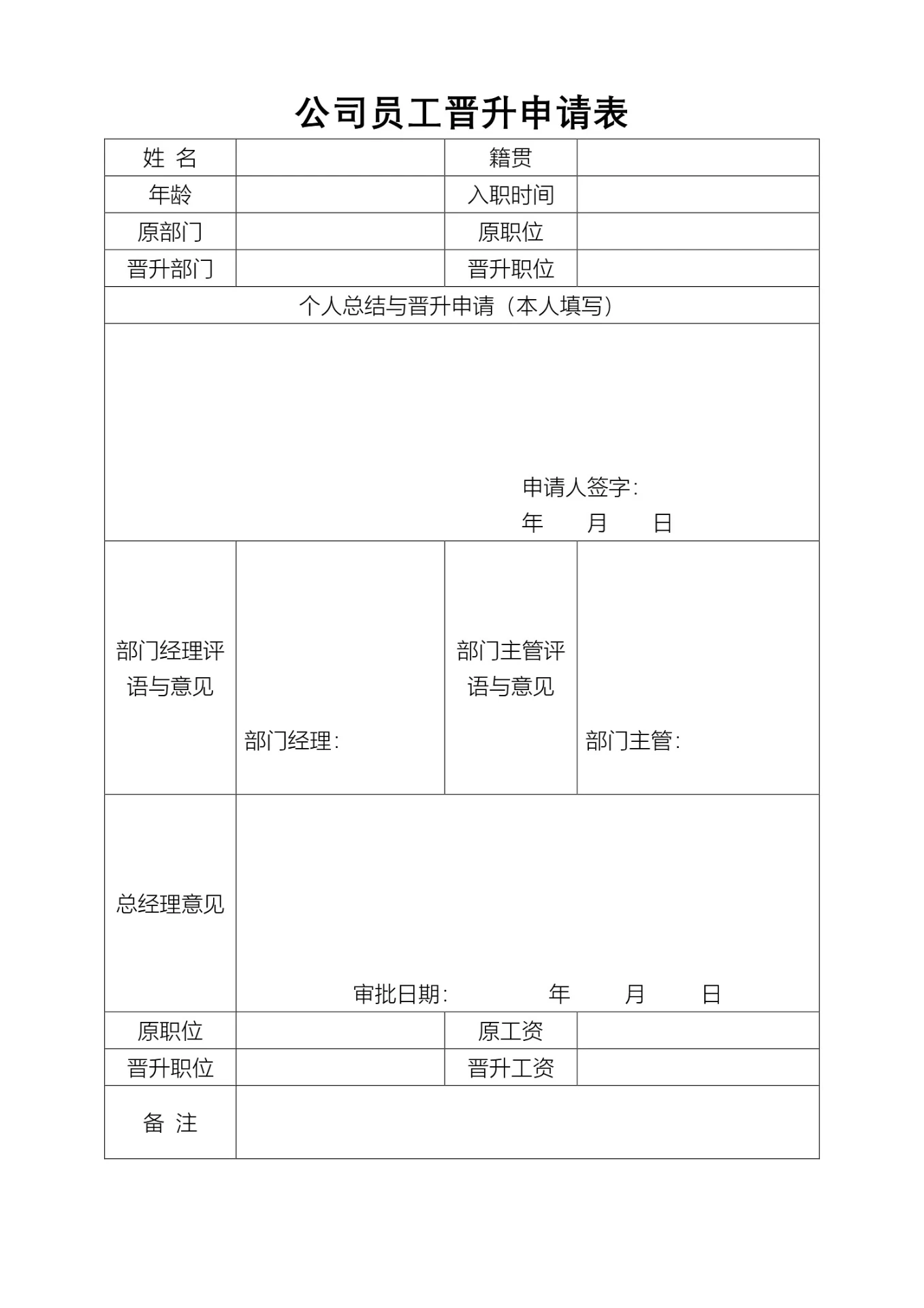 员工晋升申请表(简单实用)