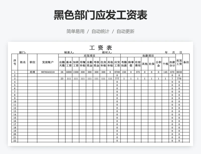 黑色部门应发工资表