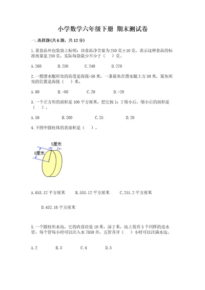 小学数学六年级下册期末测试卷含精品答案