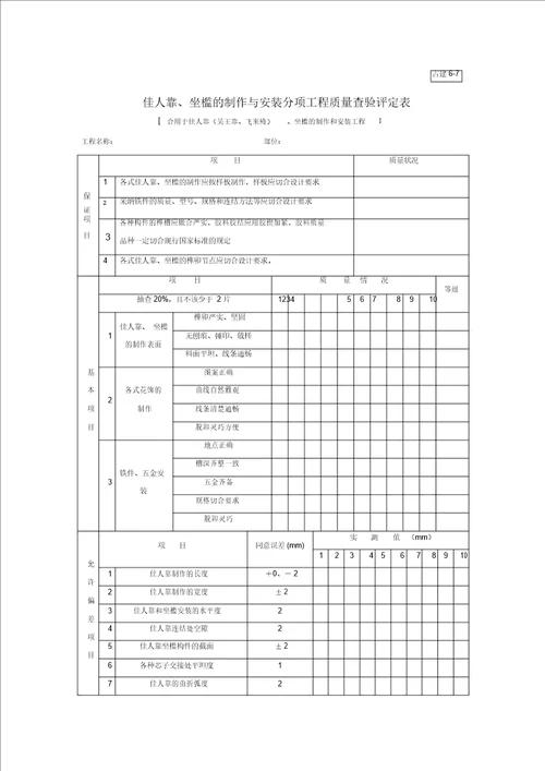 美人靠、坐槛的制作与安装分项工程质量检验评定表