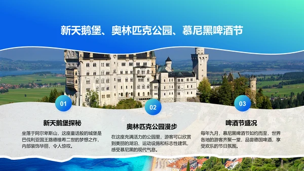 蓝色摄影风欧洲经典路线旅行攻略PPT模板