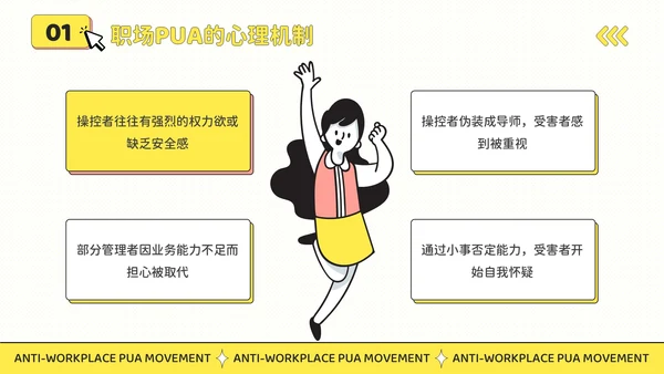 黄色插画风反职场PUA运动公益讲座PPT模板