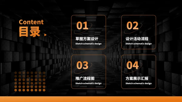 黑橙色简约风目录页PPT版式合集