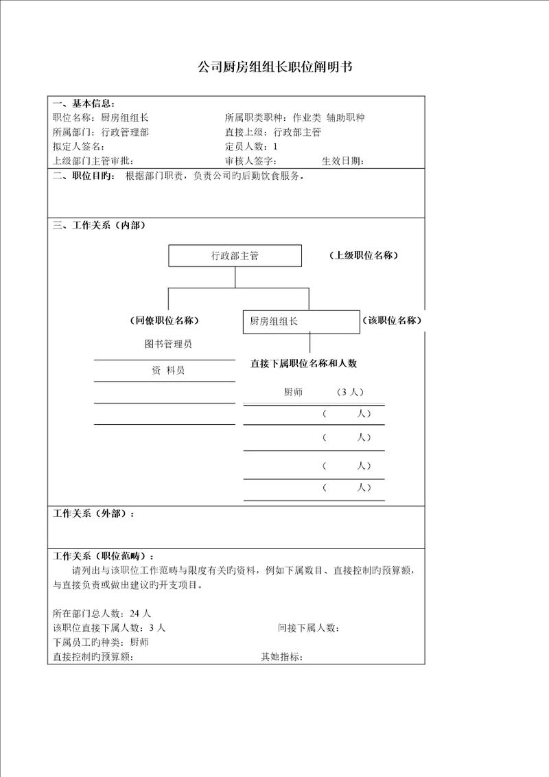 大型汽车零部件公司厨房组组长职位专项说明书