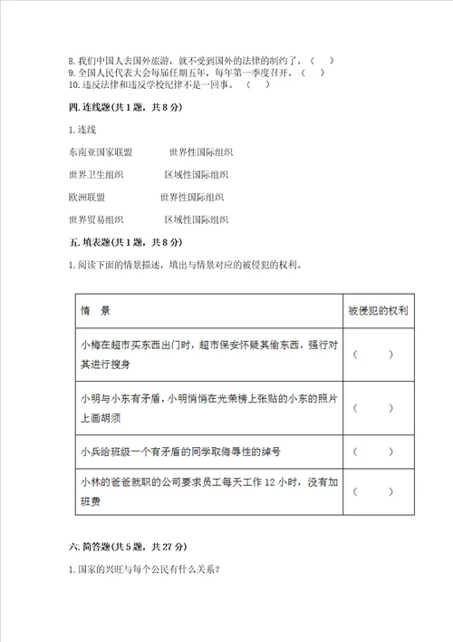 2022年六年级上册道德与法治期末测试卷名校卷