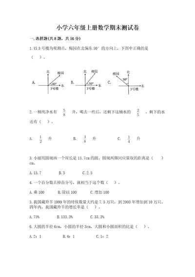 小学六年级上册数学期末测试卷及参考答案（基础题）