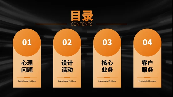 黑橙色简约风目录页PPT版式合集