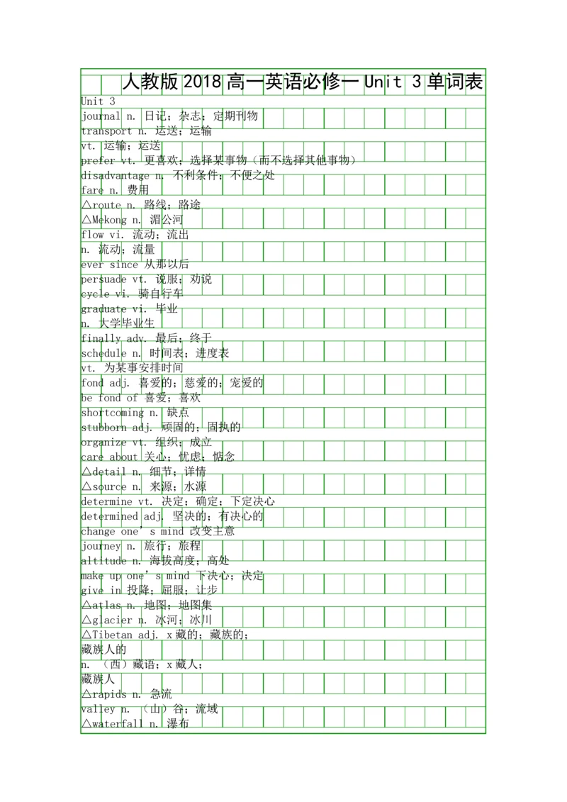 人教版2018高一英语必修一Unit-3单词表.docx