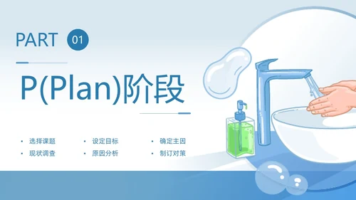 蓝色插画风简约风手卫生持续改进PDCA医务人员医疗培训PPT