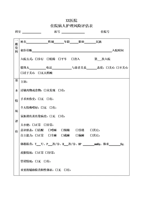 入院病人风险评估表护理版定稿版