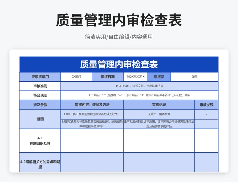 简约风质量管理内审检查表